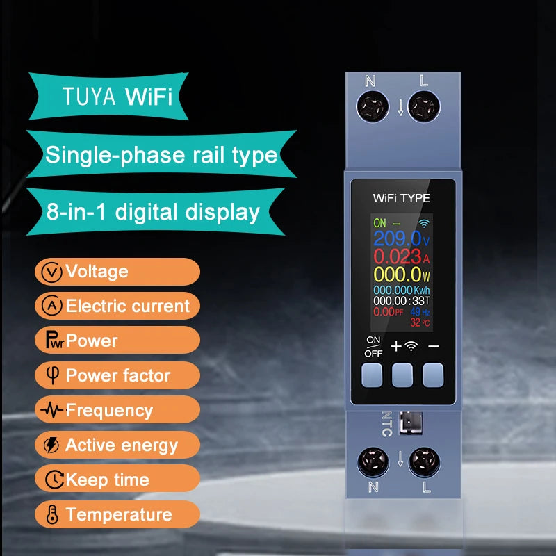Tuya WiFi 8 In1 Smart Circuit Breaker Power Meter AC 85-290V Smart Switch Energy Meter APP Control with LCD Voltage Protection