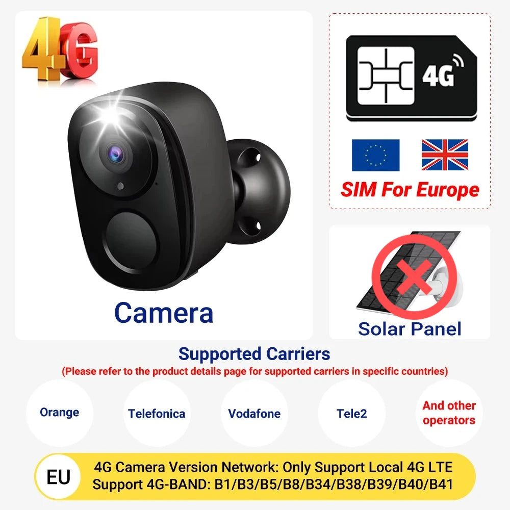 5MP 4G Solar Camera WiFi Wireless IP Security Camera Outdoor Surveillance Night Vision Battery Waterproof Two-Way Audio Tracking