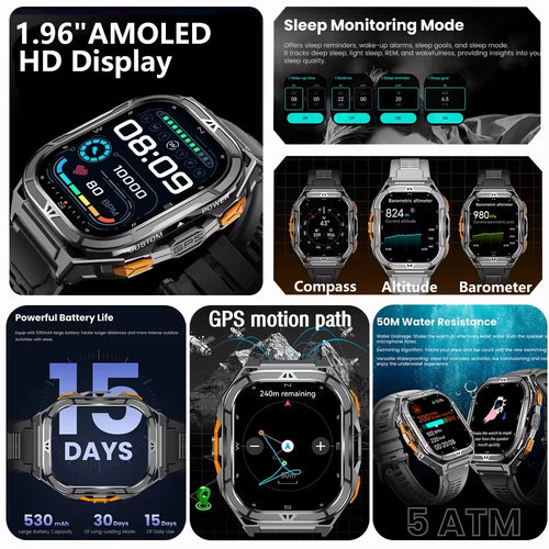 2026 New GPS Smart Watch Men 1.96-inch HD AMOLED Screen Compass Bluetooth Call 5ATM Waterproof Sport Smart Watch for Android iOS