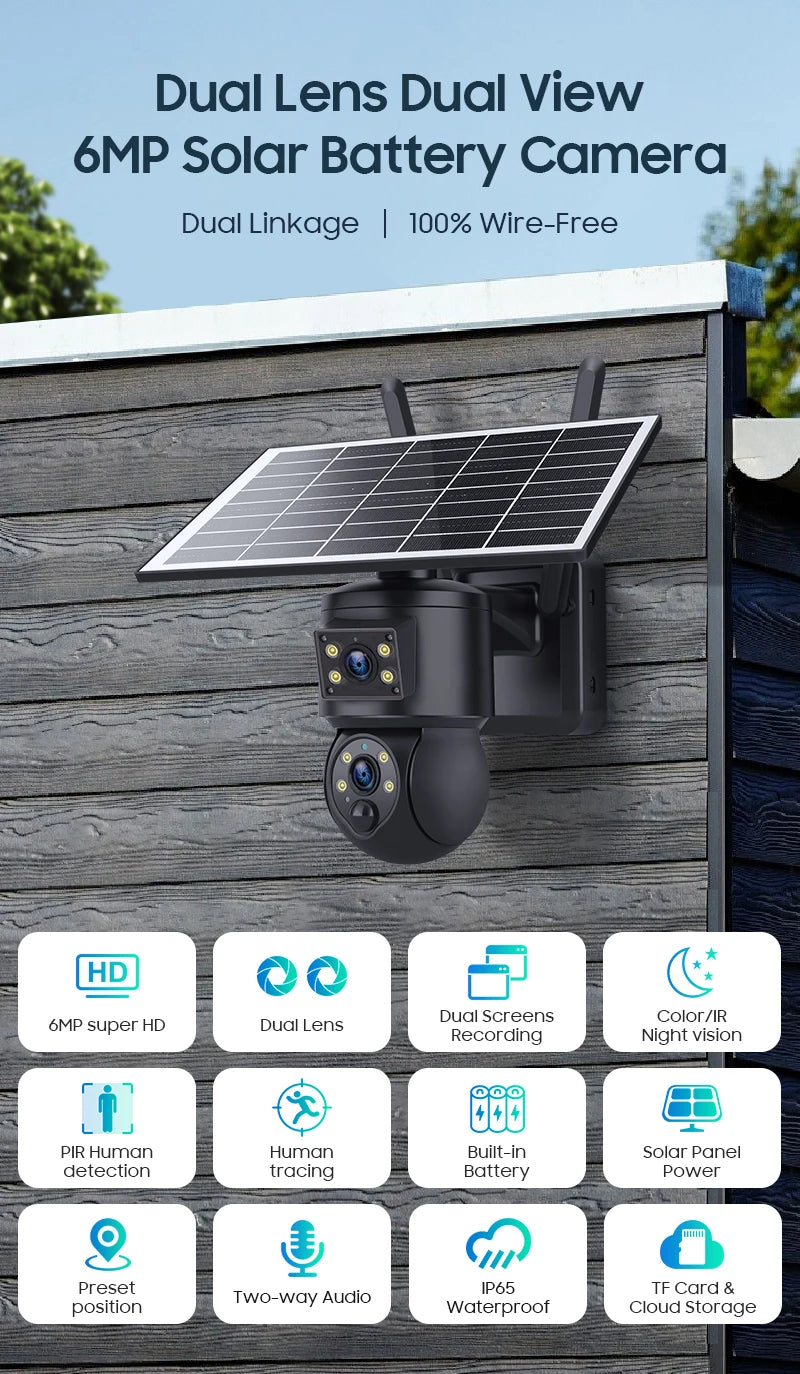 6MP Ubox APP Solar Power Dual Lens WIFI IP Camera Full Color AI Humanoid Detection Home Security CCTV Monitor