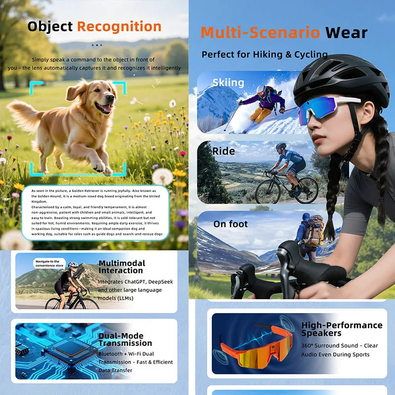 2026 New AI Smart Glasses 800W Camera HD Anti-shake Bicycle Riding Shooting&recording IP54 Water & Dust Translation Smartglasses