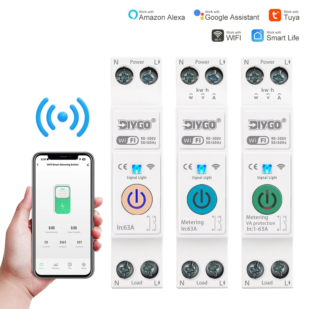 TUYA smartlife 1- 63A DIY GO 1P+N WIFI Smart Switch Energy Meter Kwh Metering Monitoring Circuit Breaker Timer Relay MCB