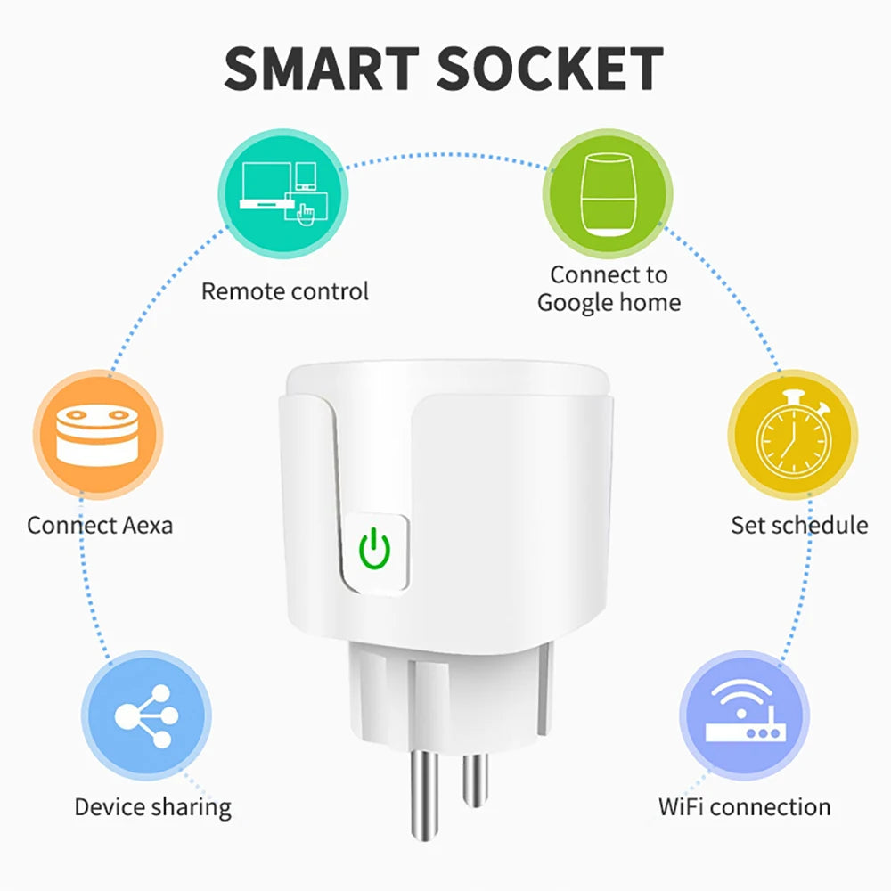 Tuya Smart Plug WiFi EU Universal 16A With Power Monitor Remote Timing Socket Outlet Works With Yandex Alice, Alexa, Goole Home