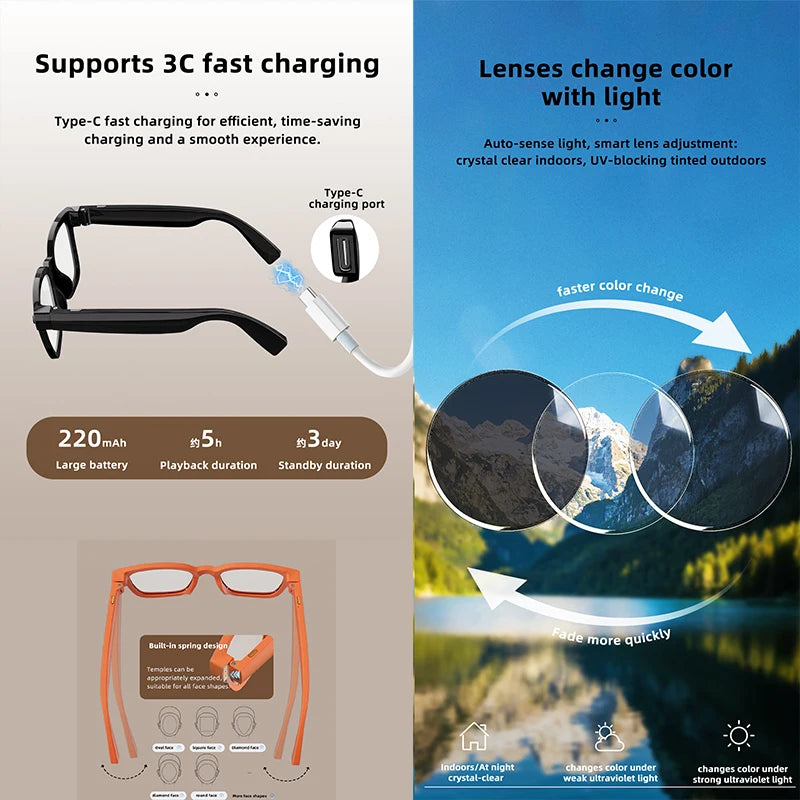 2026 AI Smart Camera Glasses 8MP 1200P Video Record Real-Time Translation Object Recognition AI Q&A Color Changing Smart Glasses