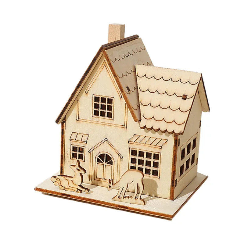 DIY Merry Christmas Decorations Mini Wooden House Luminous Cabin Christmas Tree Hanging Xmas Ornaments New Year Kids Gift