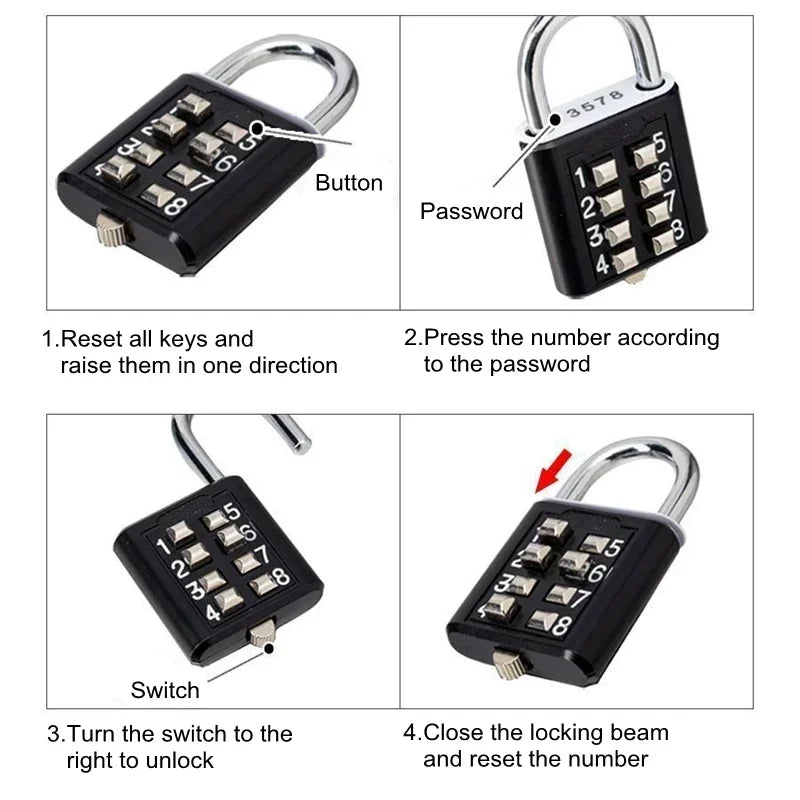 8 Digit Padlock Outdoor Waterproof Combination Zinc Alloy Travel Luggage Lock with Key for Suitcase Backpack Anti-Theft