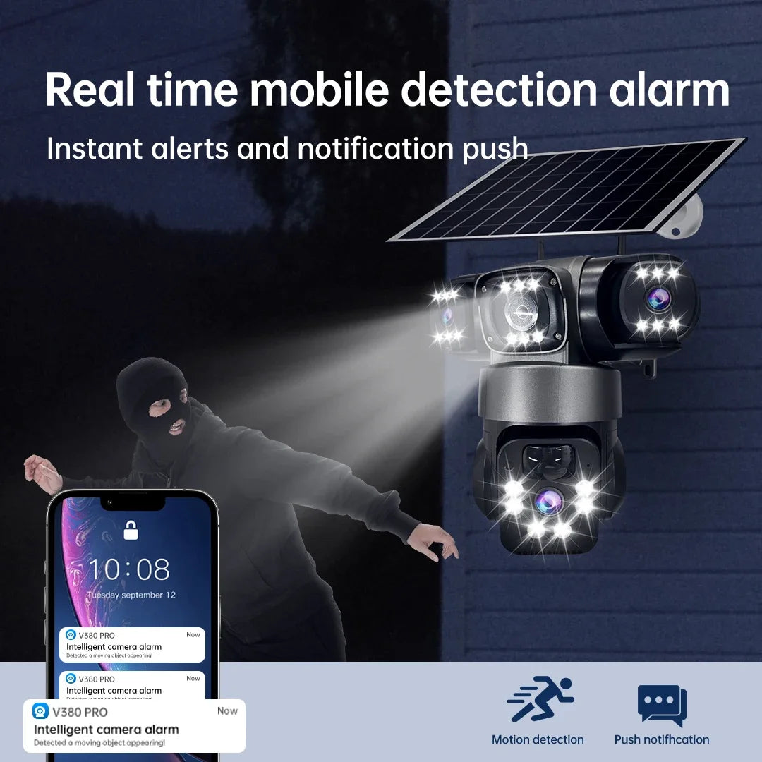 Solar Camera Outdoor Three Lens Three Screens PTZ IP Camera PIR Human Detect CCTV Security Built-in Battery 15MP 8K WIFI Camera