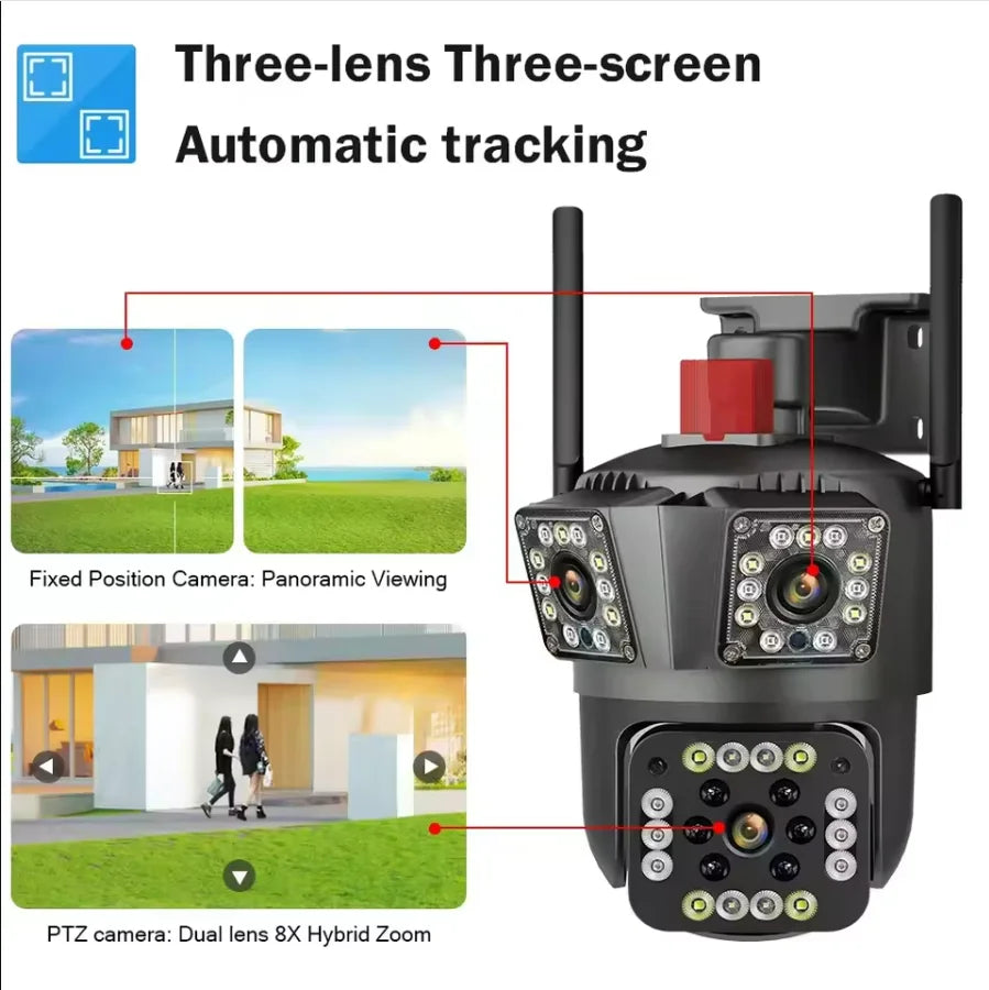 Solar Camera WiFi V360PRO Three Eyes and Two Pictures Outdoor Solar Closed Circuit PTZ Camera 1080P
