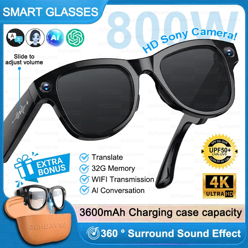 AI Smart Glasses 4KHD Camera 3600mAh Charging Case 120+Language Translation Bluetooth Call Music Sunglasses Outdoor Color Change