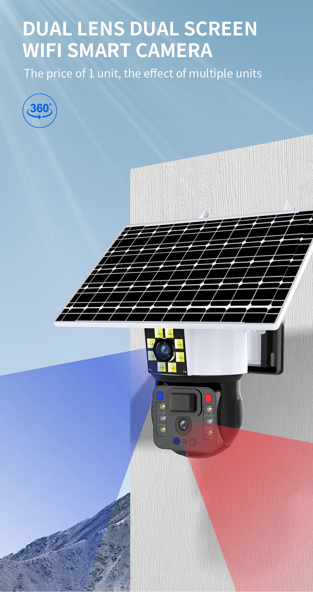 8MP 4K WiFi Solar Camera Outdoor Dual Lens Dual Screen Gimbal IP Camera With Solar Panel Rechargeable AI Motion Detection