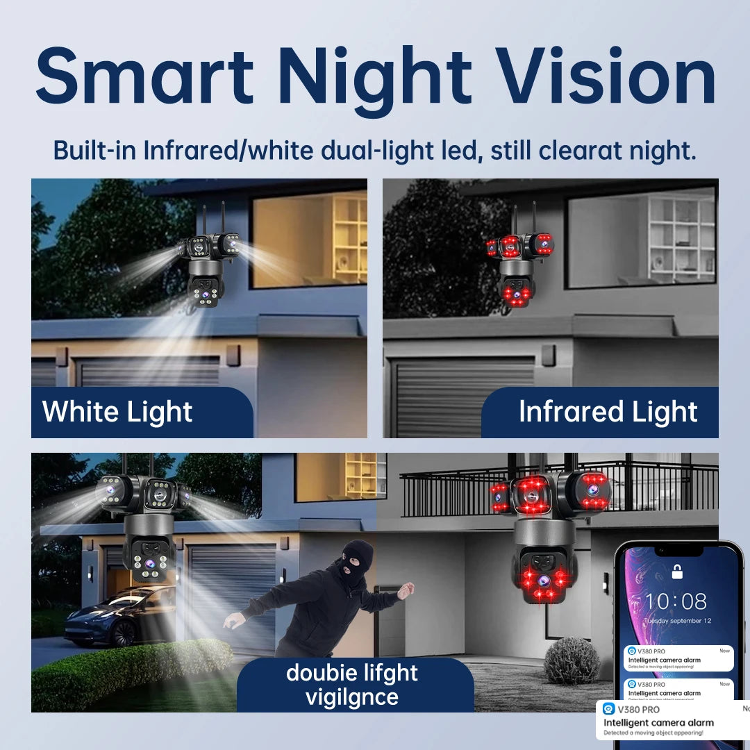 15MP 8K Wifi IP Camera Solar Outdoor Waterproof Three Lenses Camera HD Low Power Battery PIR Night Vision CCTV Security Cam