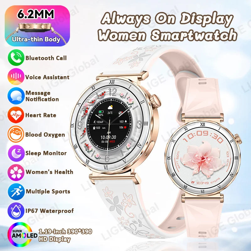 LIGE 2026 New Smartwatch Women 1.19" AMOLED Screen Always On Display Bluetooth Call Waterproof Lady Smart Watch For Android iOS