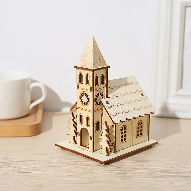 DIY Merry Christmas Decorations Mini Wooden House Luminous Cabin Christmas Tree Hanging Xmas Ornaments New Year Kids Gift