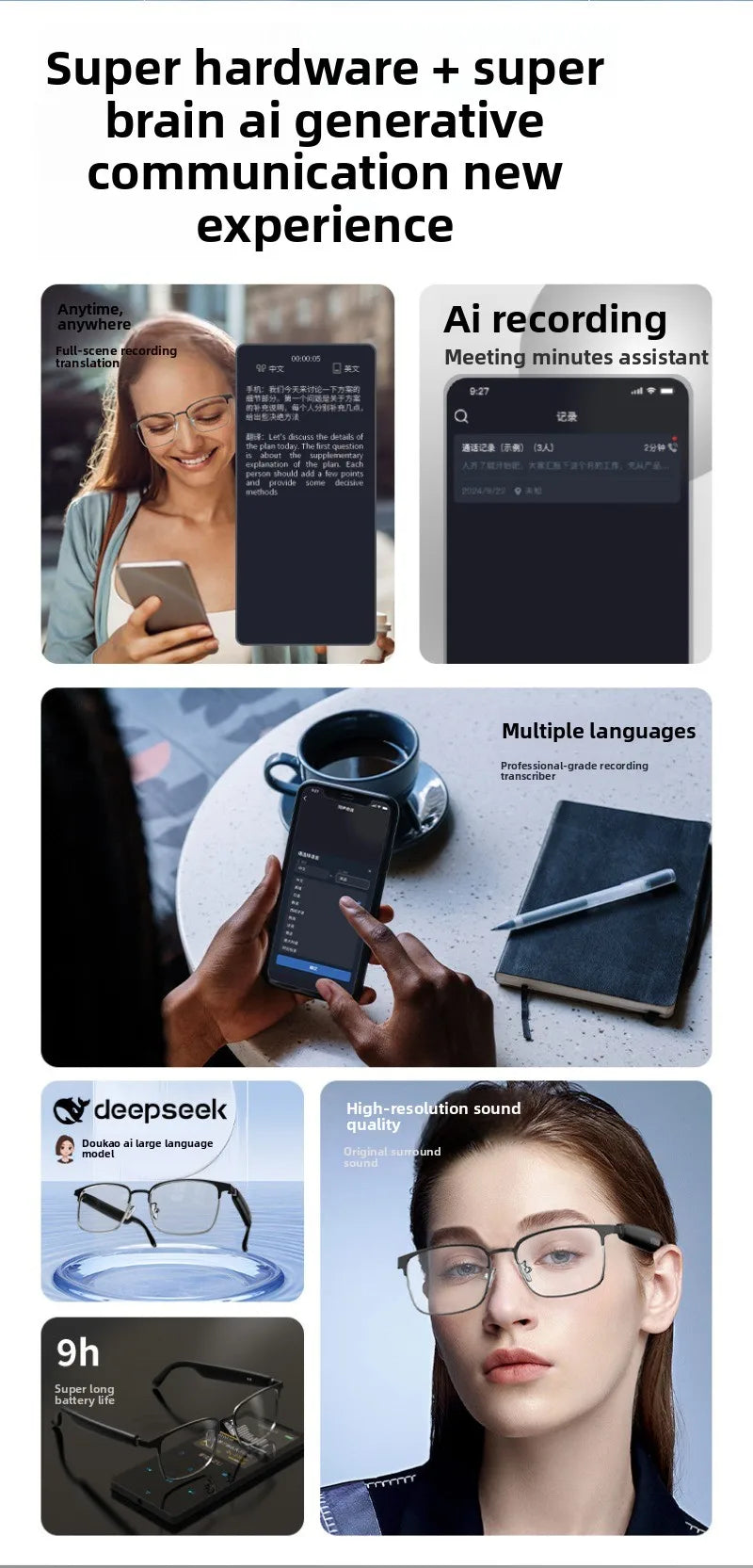 Bluetooth smart AI glasses simultaneous interpretation of 144 languages real-time wireless translation of headset calls