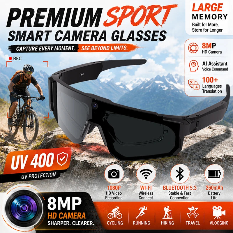 2026 New AI Smart Glasses 800W Camera HD Anti-shake Bicycle Riding Shooting&recording IP54 Water & Dust Translation Smartglasses