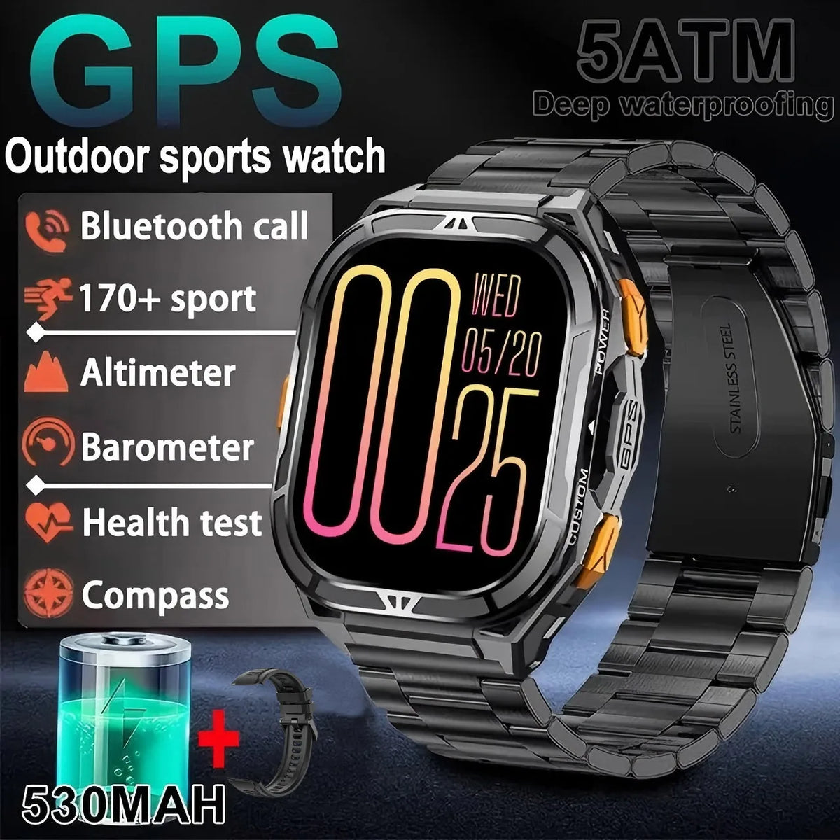 2026 New GPS Smart Watch Men 1.96-inch HD AMOLED Screen Compass Bluetooth Call 5ATM Waterproof Sport Smart Watch for Android iOS