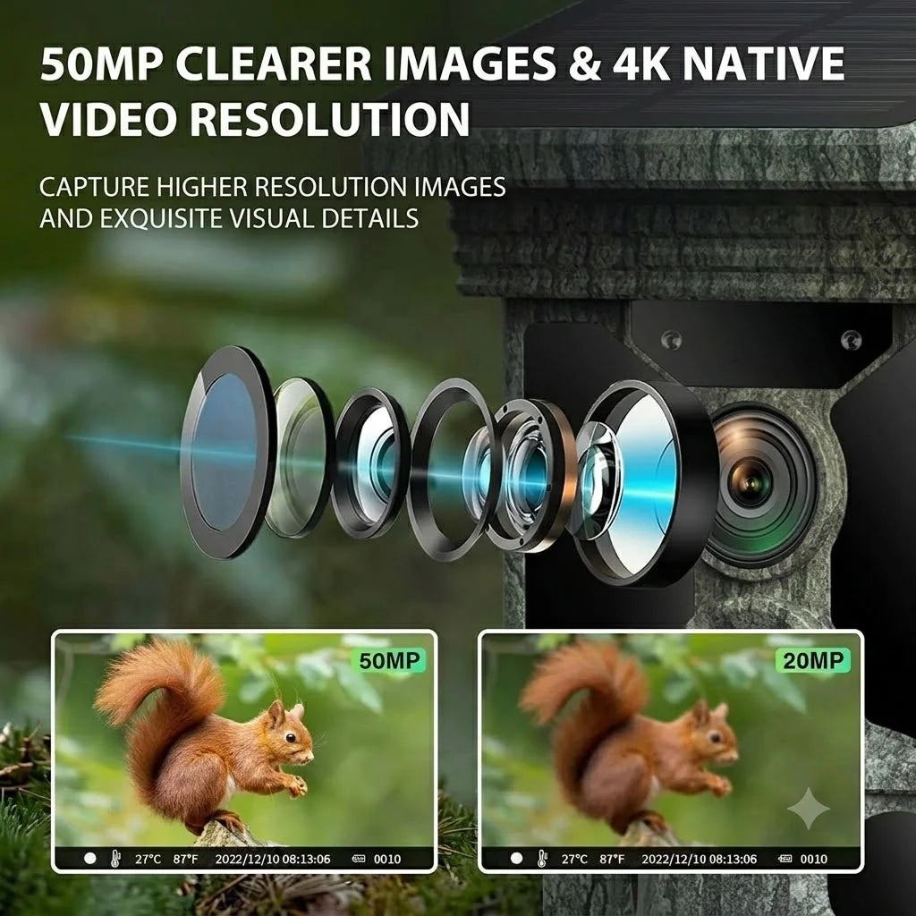 Solar Wildlife 50MP 4K Video Trail Camera with Night Vision 0.3s Motion Activated Waterproof for Outdoor Hunting Garden Monitori
