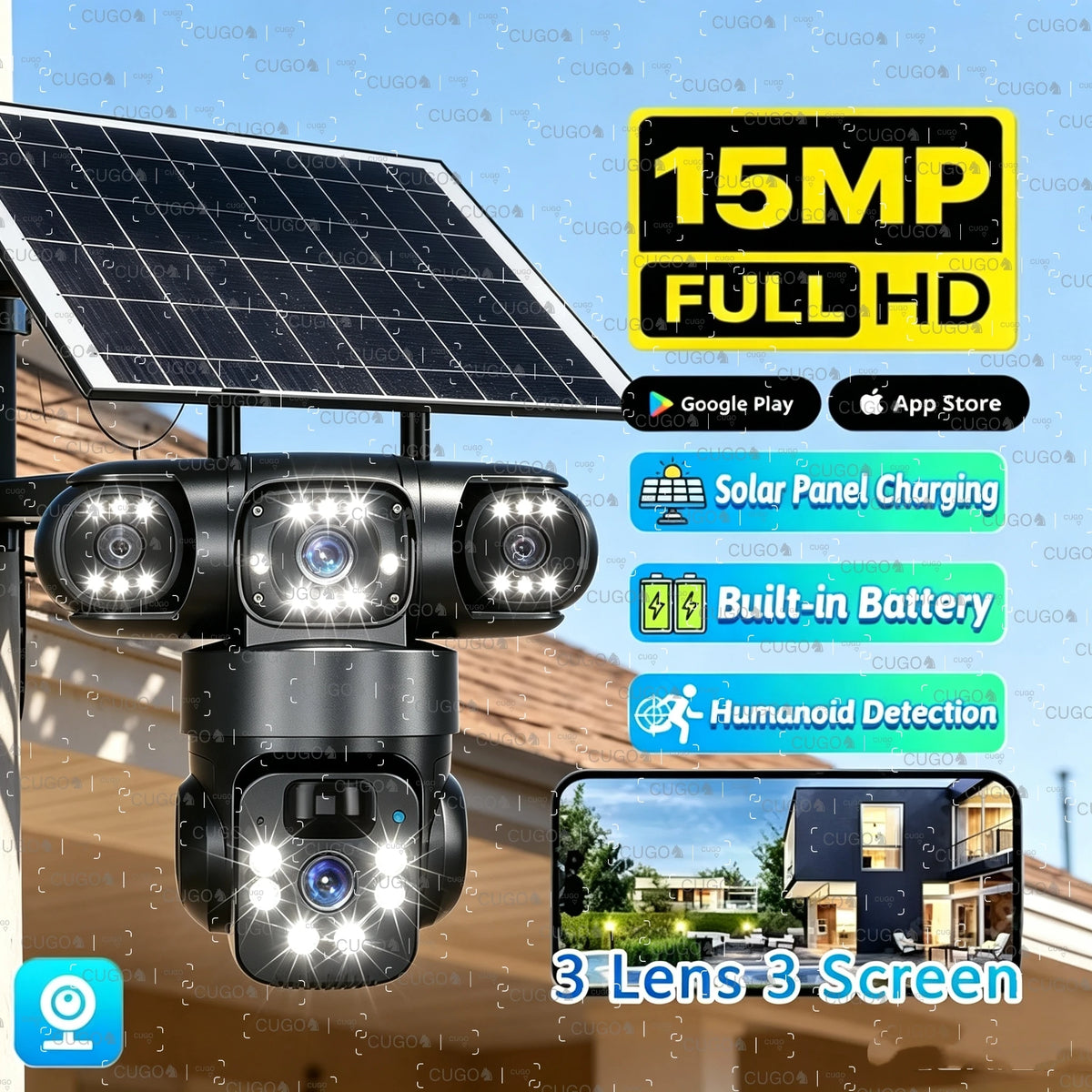 Solar Camera Outdoor Three Lens Three Screens PTZ IP Camera PIR Human Detect CCTV Security Built-in Battery 15MP 8K WIFI Camera