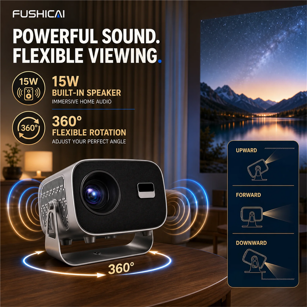 FUSHCAI Outdoor Projector A10 Portable Mini Projector with 360° Rotation 900 ANSI Native 1080P 4K Compatible Auto Focus BT 5.4
