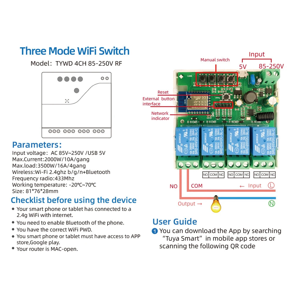 Tuya 4 Channel Smart WiFi 85-250V Switch, APP RF433 Remote Control ,Bluetooth, Inching ,Self-lock ,Inter-lock,Works with Alexa
