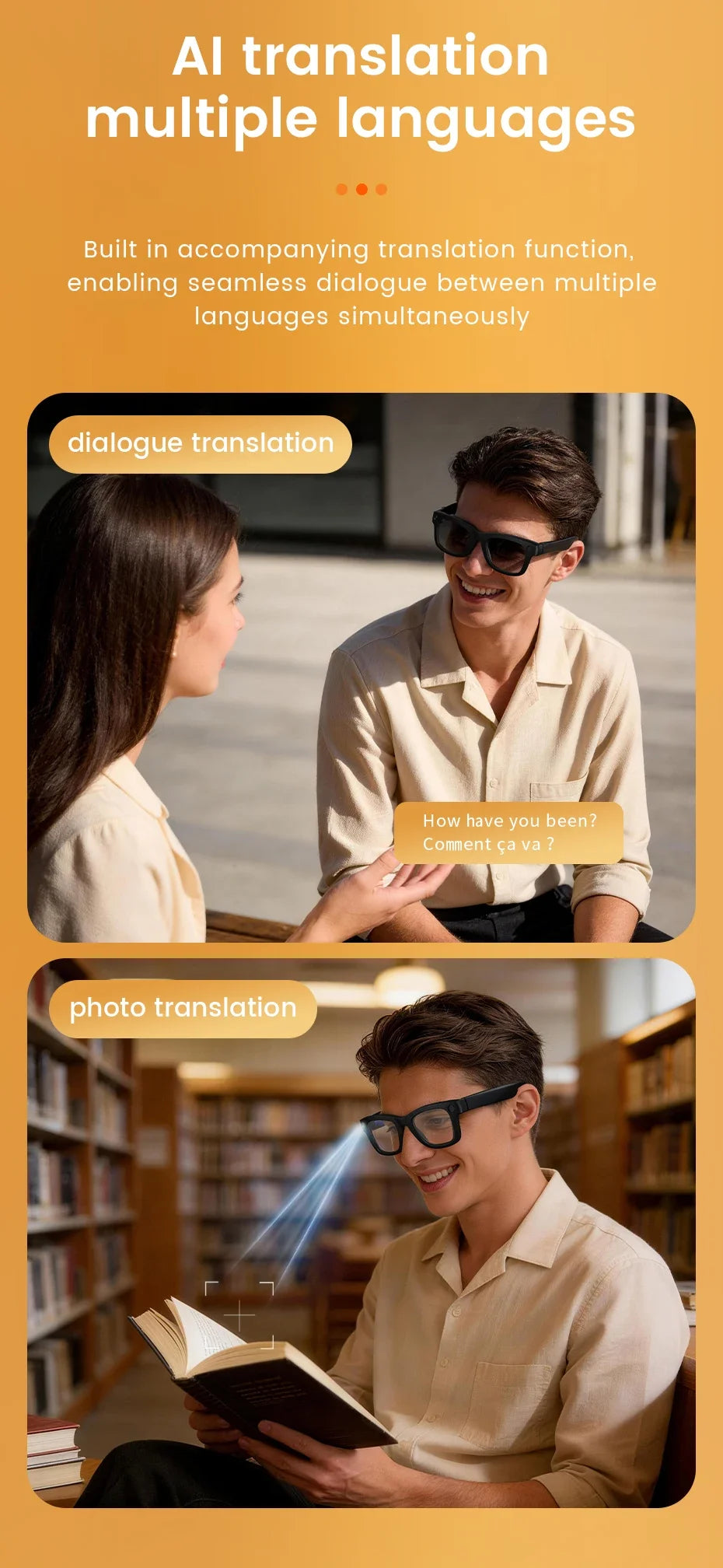 2026 New Smart AI Glasses with AI Translation 800W HD Camera EIS Stabilization 1080P Video Recording and WiFi Transmission