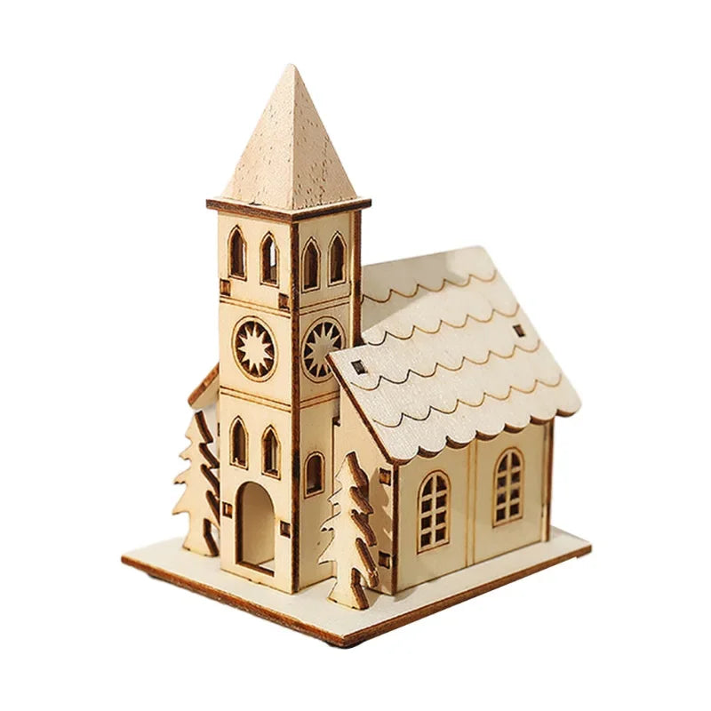 DIY Merry Christmas Decorations Mini Wooden House Luminous Cabin Christmas Tree Hanging Xmas Ornaments New Year Kids Gift