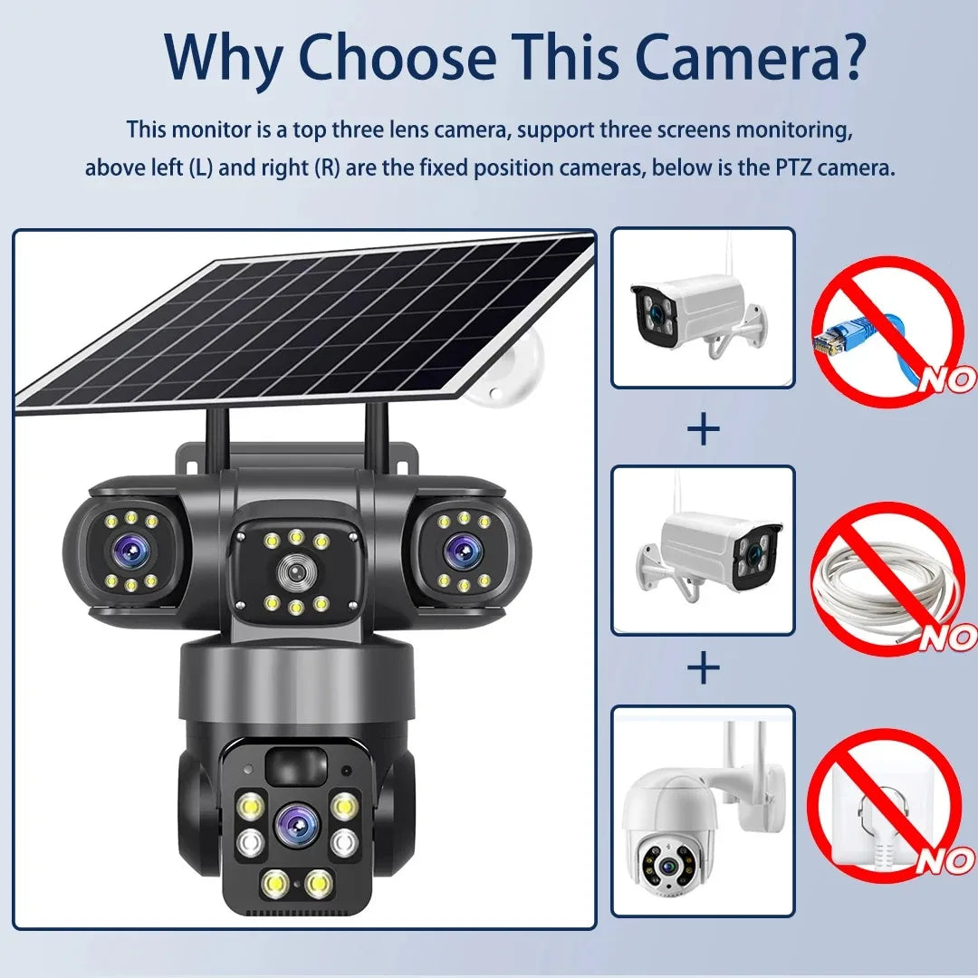 Solar Camera Outdoor Three Lens Three Screens PTZ IP Camera PIR Human Detect CCTV Security Built-in Battery 15MP 8K WIFI Camera