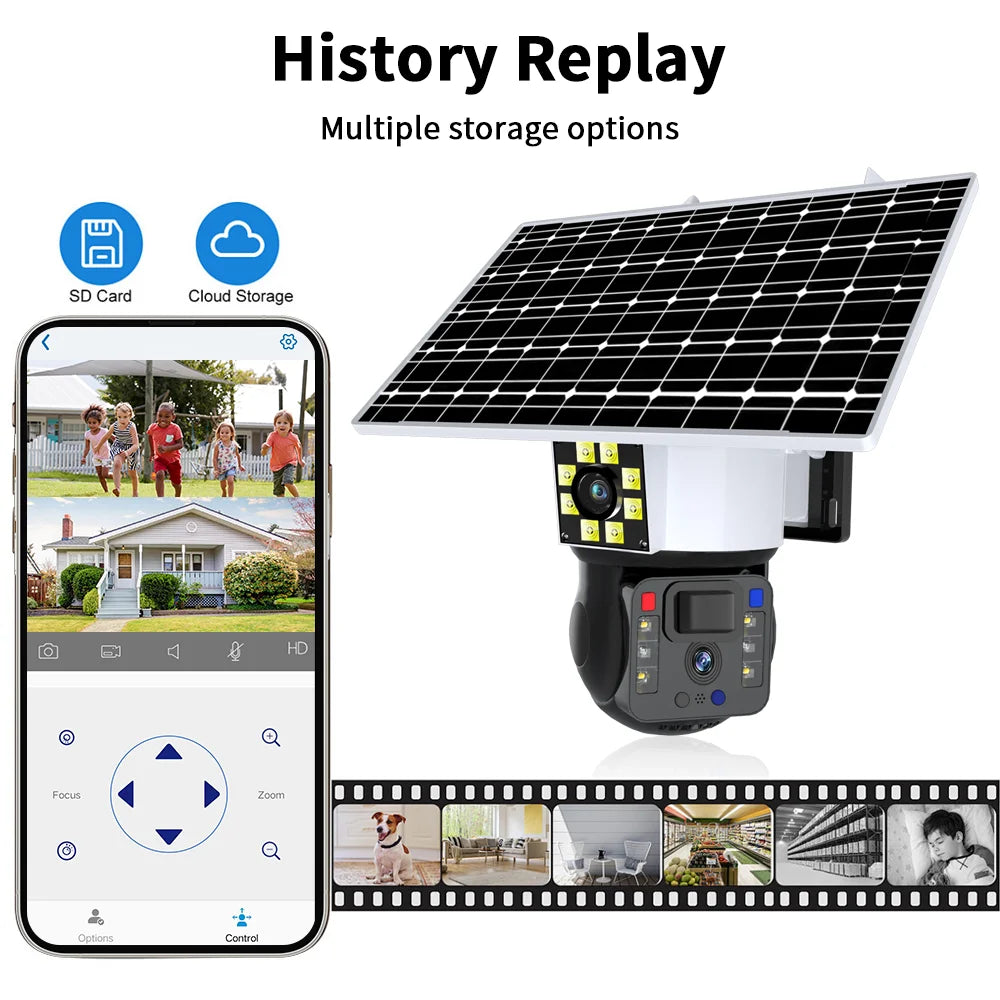 8MP 4K WiFi Solar Camera Outdoor Dual Lens Dual Screen Gimbal IP Camera With Solar Panel Rechargeable AI Motion Detection