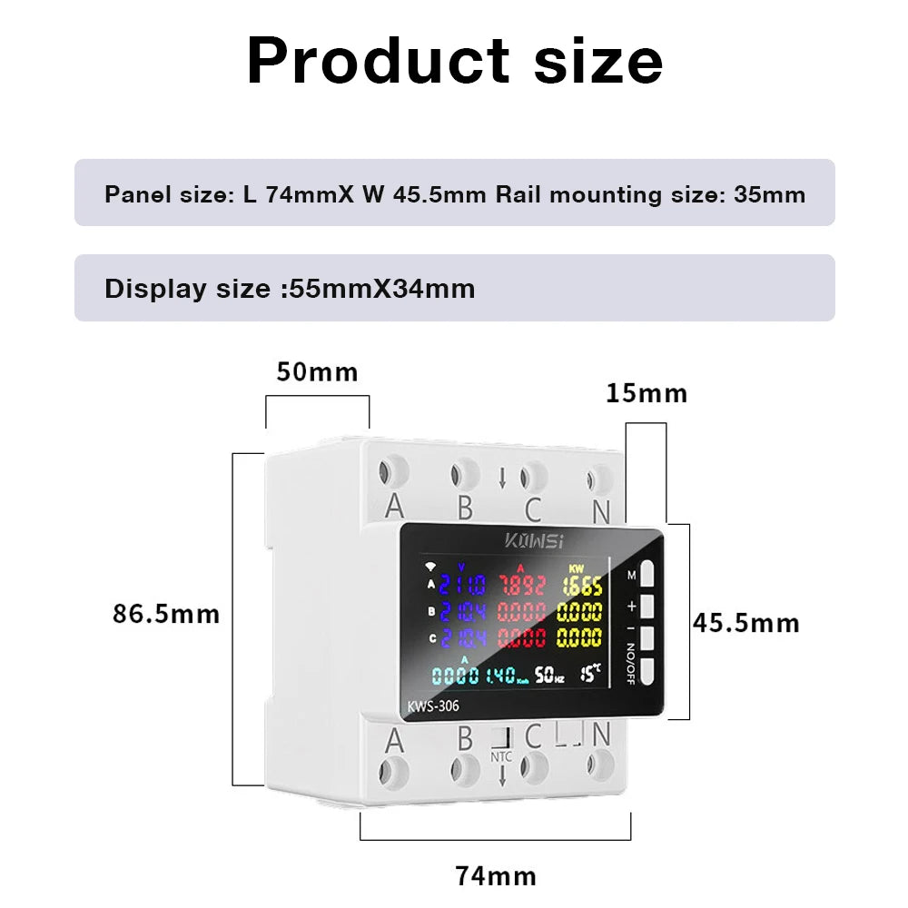 Tuya WiFi 8in1 AC Energy Meter 3P 85-290V/80A Voltage Current Meter APP Relay kWh Circuit Breaker Power Meter Smart Life