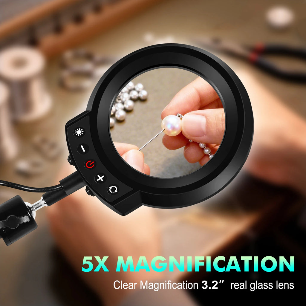 5X Magnifying Glass with Light 5 Color Modes Dimmable Lighted Magnifying Lamp Glass for Reading, Close Work, Hobbies, Crafts