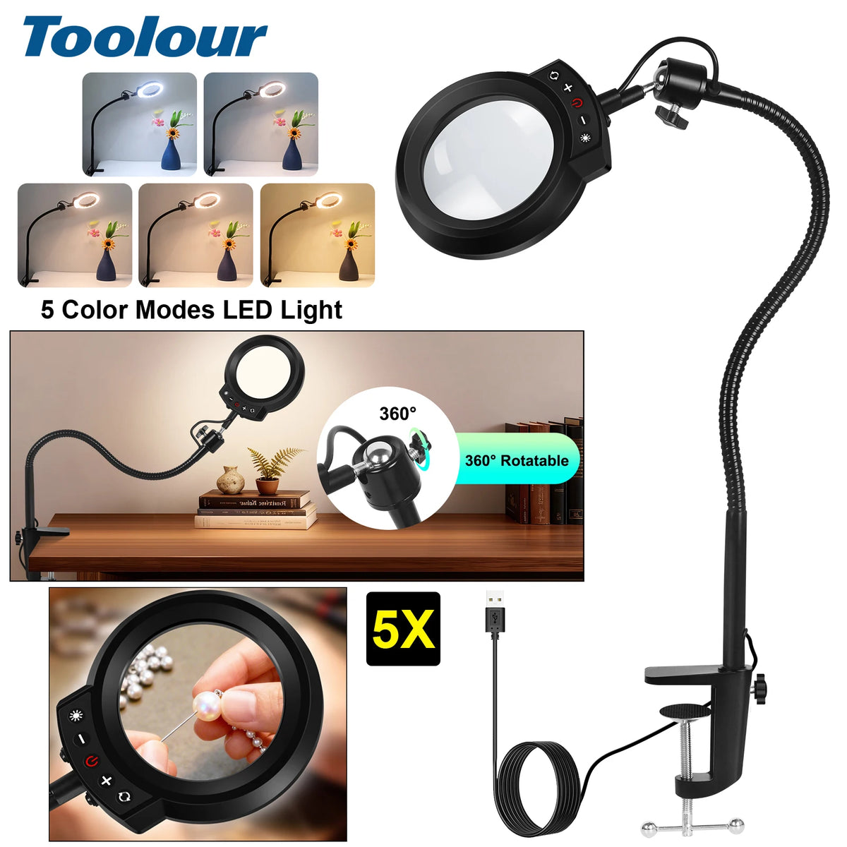 5X Magnifying Glass with Light 5 Color Modes Dimmable Lighted Magnifying Lamp Glass for Reading, Close Work, Hobbies, Crafts