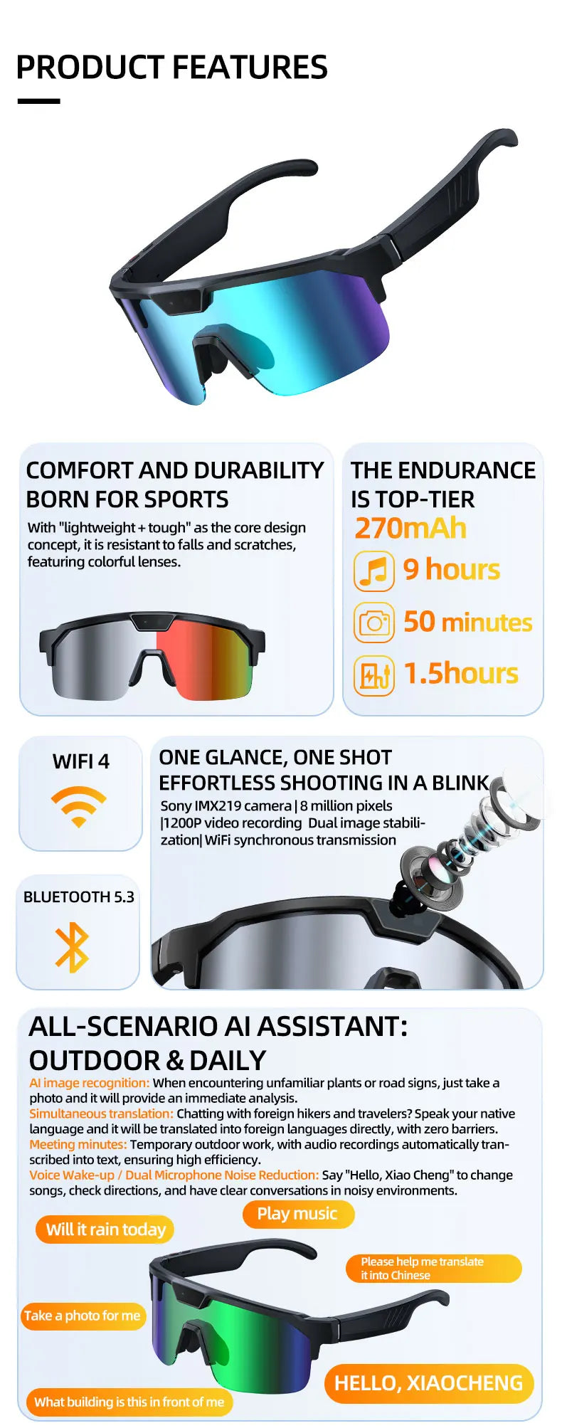 2026 New 1200P Camera Smart Glasses Men 8MP Pixel Anti-shake Video Cycling Goggles ChatGPT Translation Dual Mic Audio Sunglasses