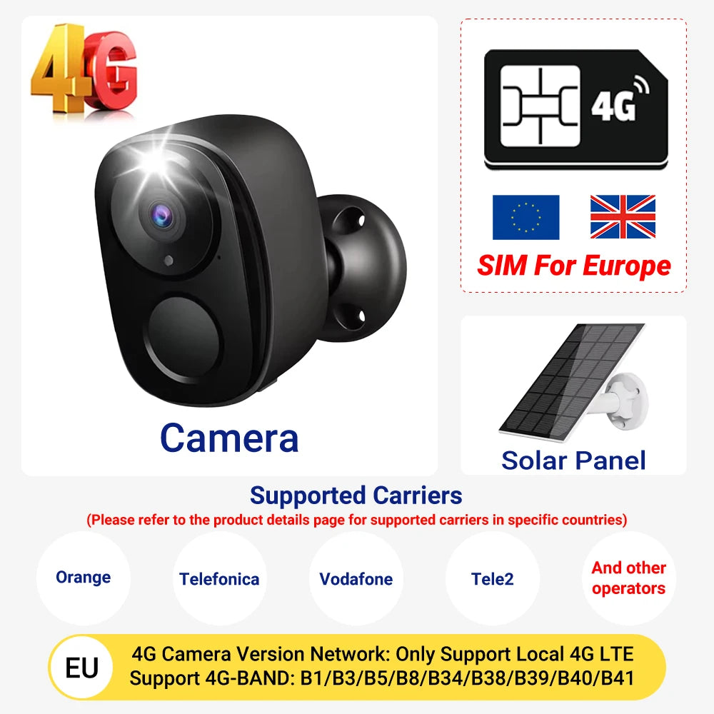 5MP 4G Solar Camera WiFi Wireless IP Security Camera Outdoor Surveillance Night Vision Battery Waterproof Two-Way Audio Tracking