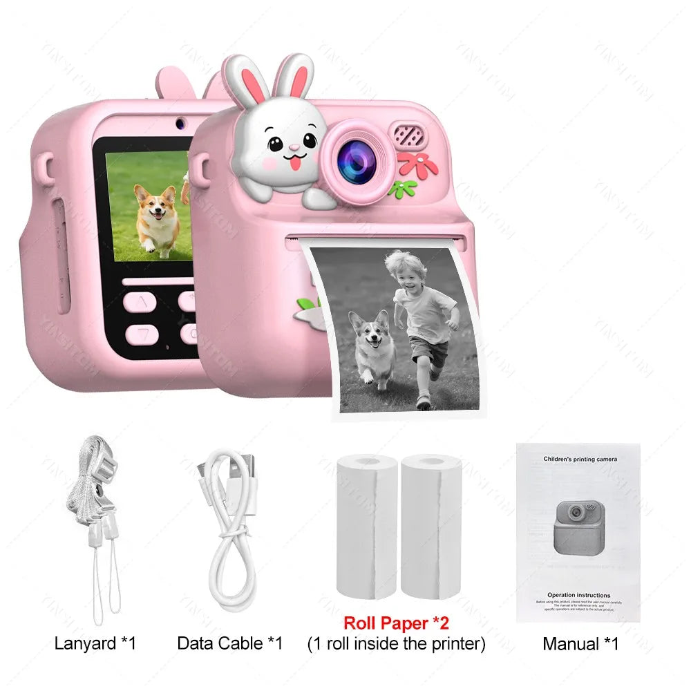 57mm Mini Thermal Printer Children Digital Photography Print Instant Camera 1080PHD Dual Lens Kids Video Recorder for Girls Boys