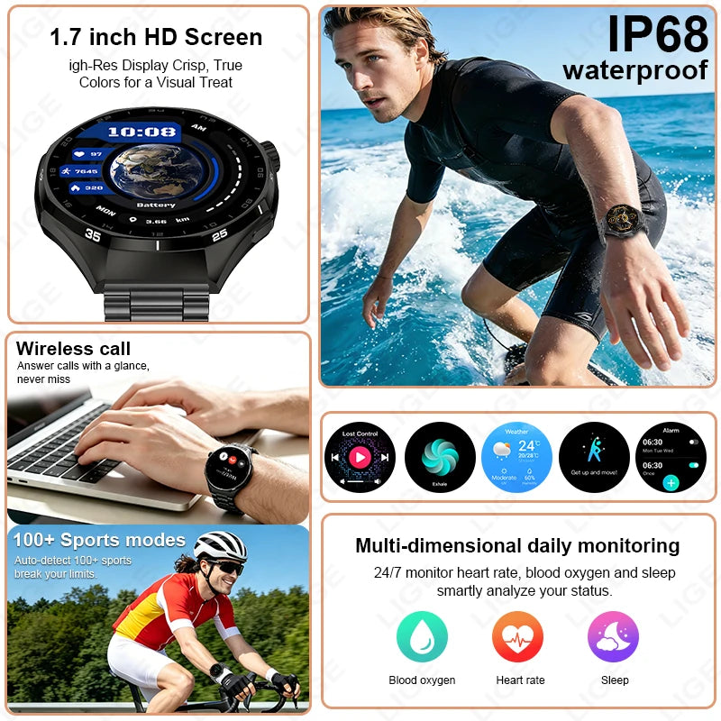 LIGE 2026 Smart Watch For Men IP68 Waterproof Sports Bluetooth Call Watch Smart Heart Rate Blood Oxygen Clock For Android IOS