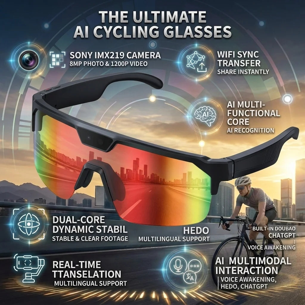2026 New 1200P Camera Smart Glasses Men 8MP Pixel Anti-shake Video Cycling Goggles ChatGPT Translation Dual Mic Audio Sunglasses