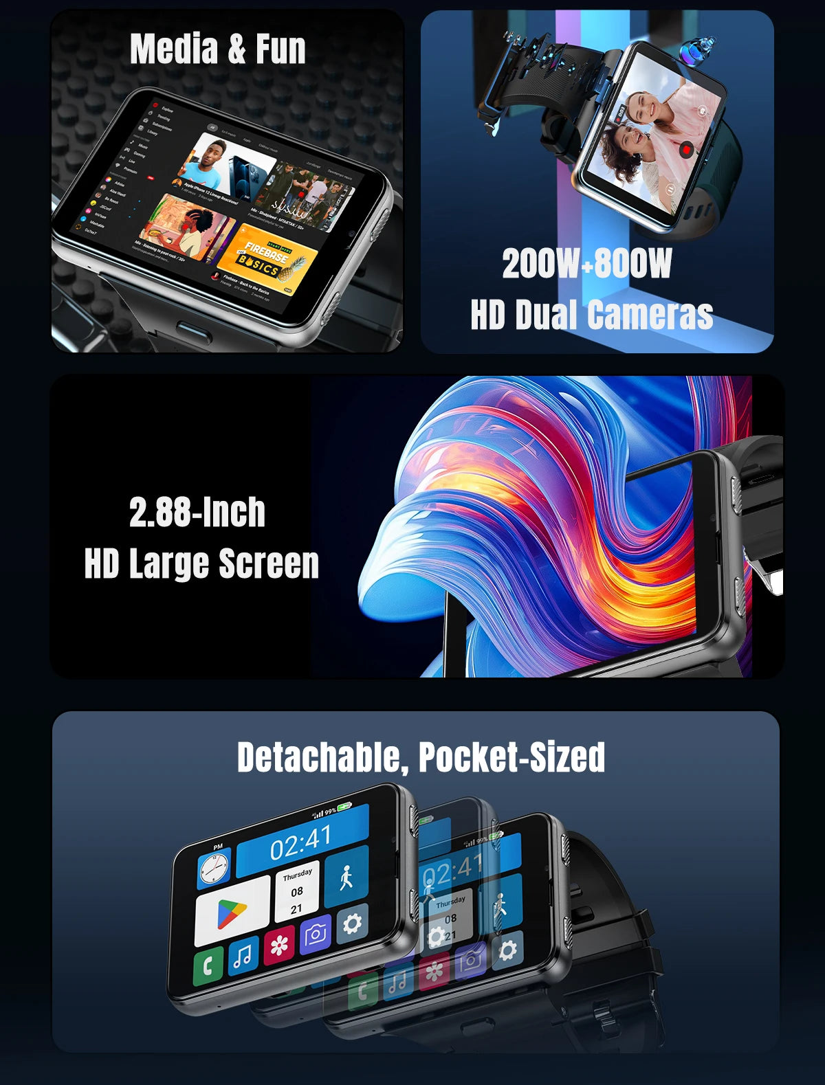 2026New 4G Sports SmartWatch S999 2.88 Inch Quad Core Android 9.0 OS Smartwatch 2300 MAh 13MP Camera 4GB/64GB Heart Rate Monitor