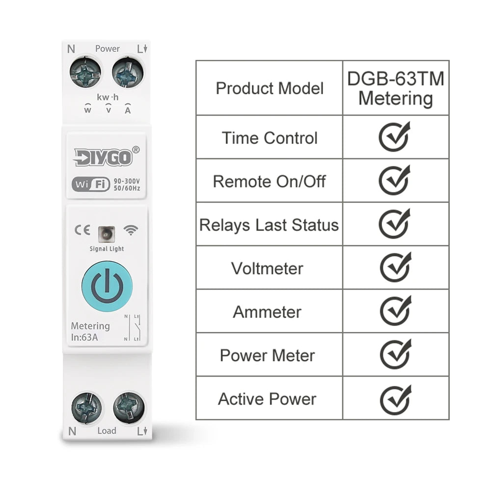 TUYA smartlife 1- 63A DIY GO 1P+N WIFI Smart Switch Energy Meter Kwh Metering Monitoring Circuit Breaker Timer Relay MCB