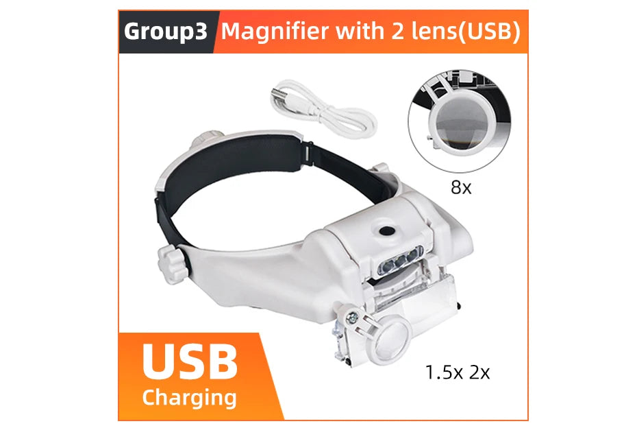 LED Magnifier 1.5x 2x 2.5x 3x 3.5x 8x Magnifying Glasses for Jewelry Watch Electronic Repair Hands-Free Loupe