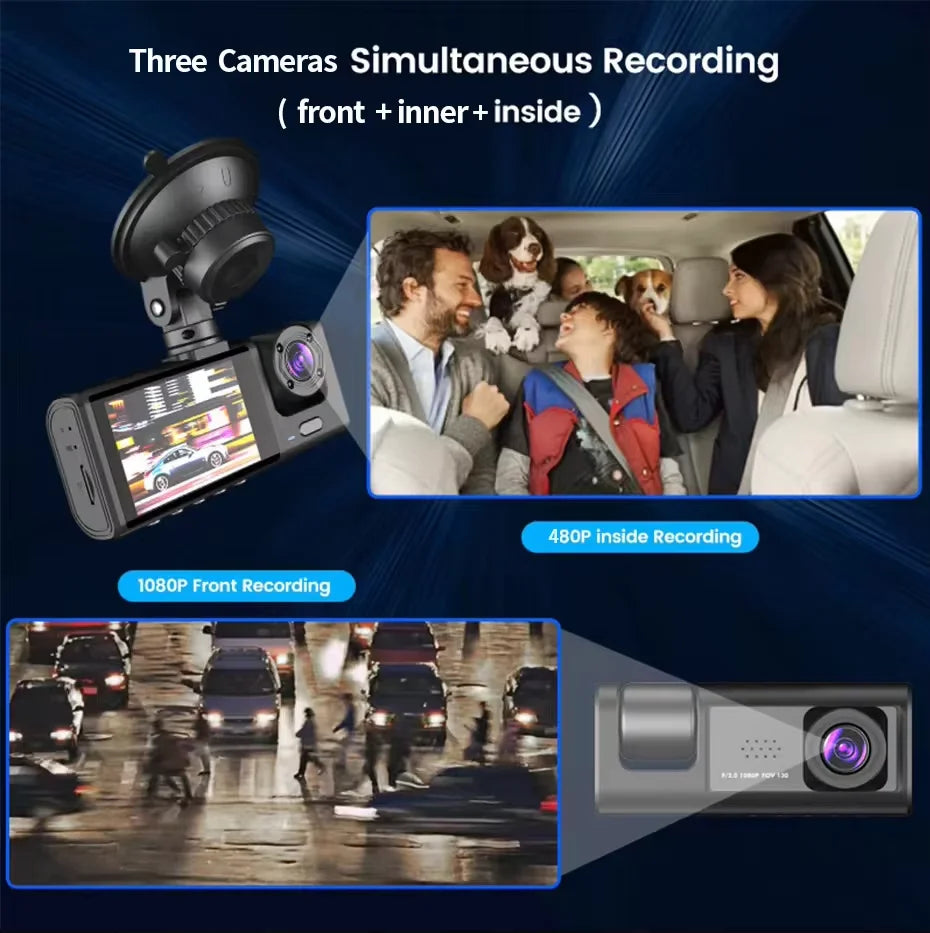 HONGTONG 2 Inch 3 Lens Car Dash Cam 1080P HD Night Vision Front Inside Rear Recording with WiFi
