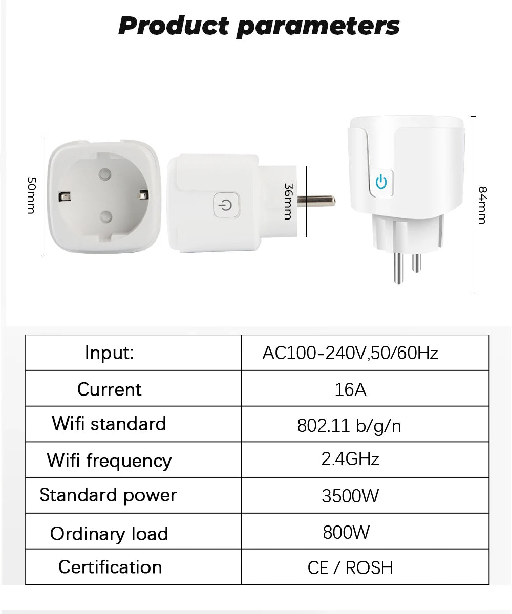 Tuya Smart Plug WiFi EU Universal 16A With Power Monitor Remote Timing Socket Outlet Works With Yandex Alice, Alexa, Goole Home