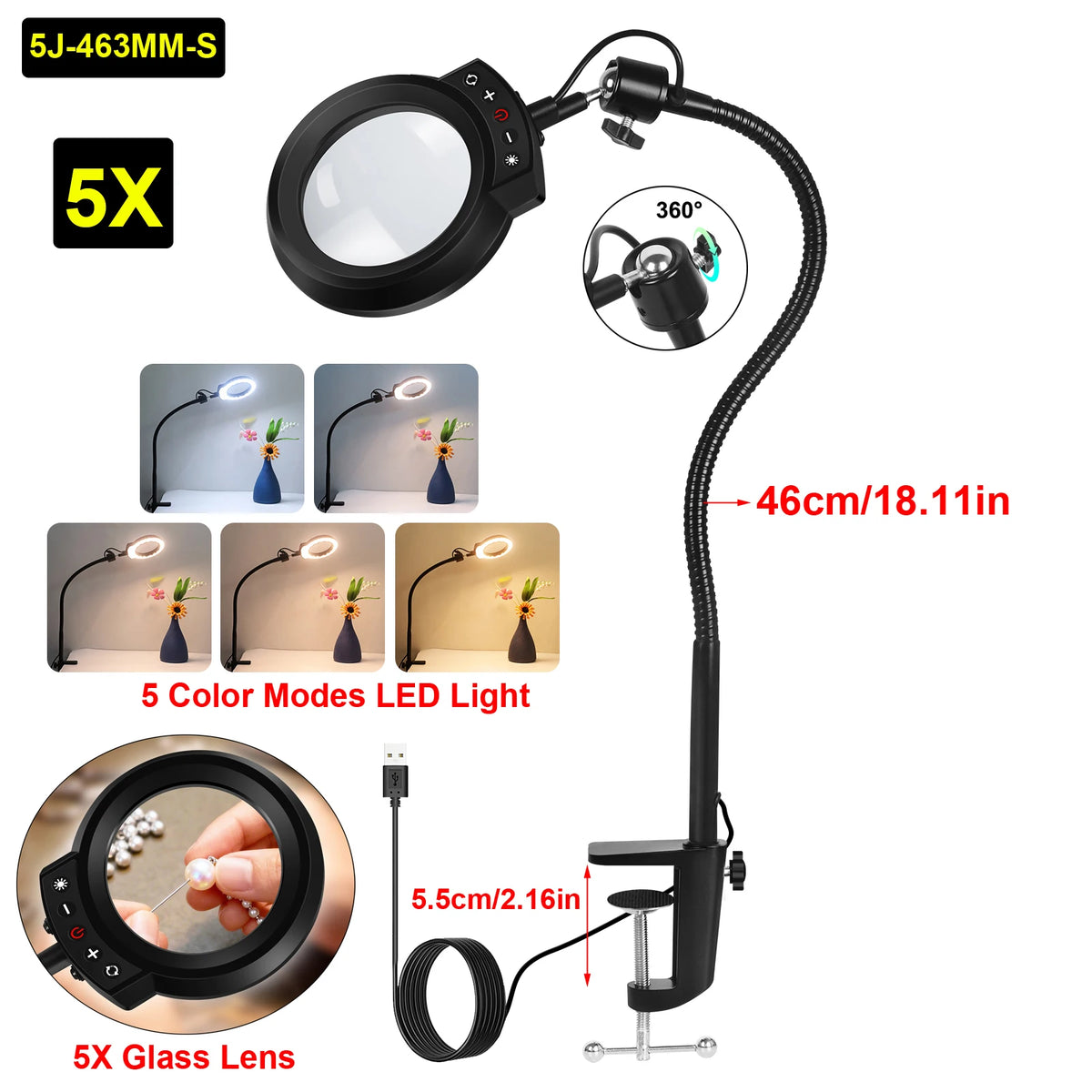 5X Magnifying Glass with Light 5 Color Modes Dimmable Lighted Magnifying Lamp Glass for Reading, Close Work, Hobbies, Crafts