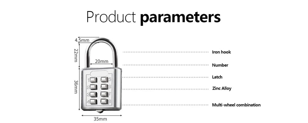 8 Digit Padlock Outdoor Waterproof Combination Zinc Alloy Travel Luggage Lock with Key for Suitcase Backpack Anti-Theft