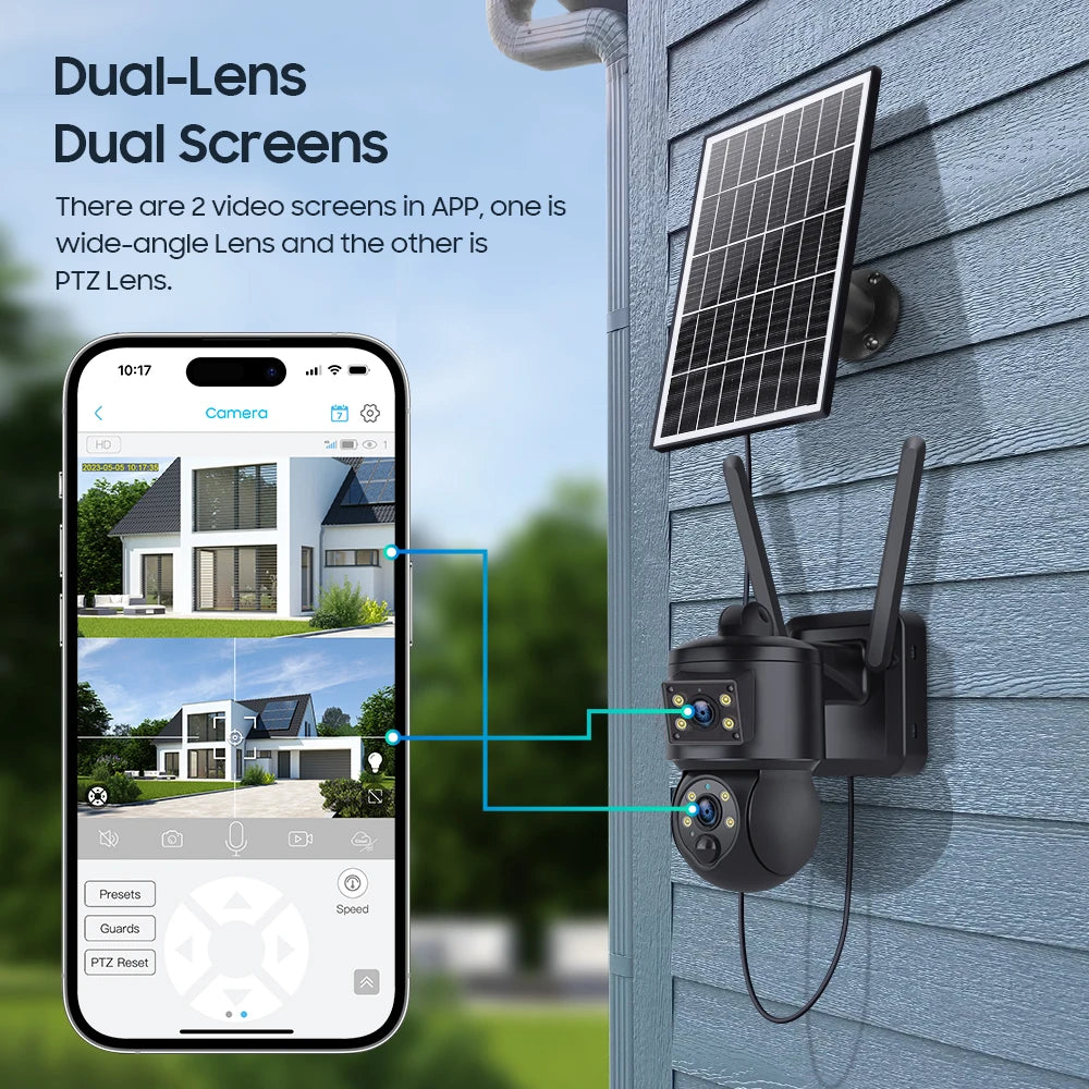 6MP Ubox APP Solar Power Dual Lens WIFI IP Camera Full Color AI Humanoid Detection Home Security CCTV Monitor