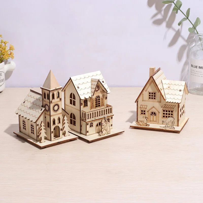 DIY Merry Christmas Decorations Mini Wooden House Luminous Cabin Christmas Tree Hanging Xmas Ornaments New Year Kids Gift
