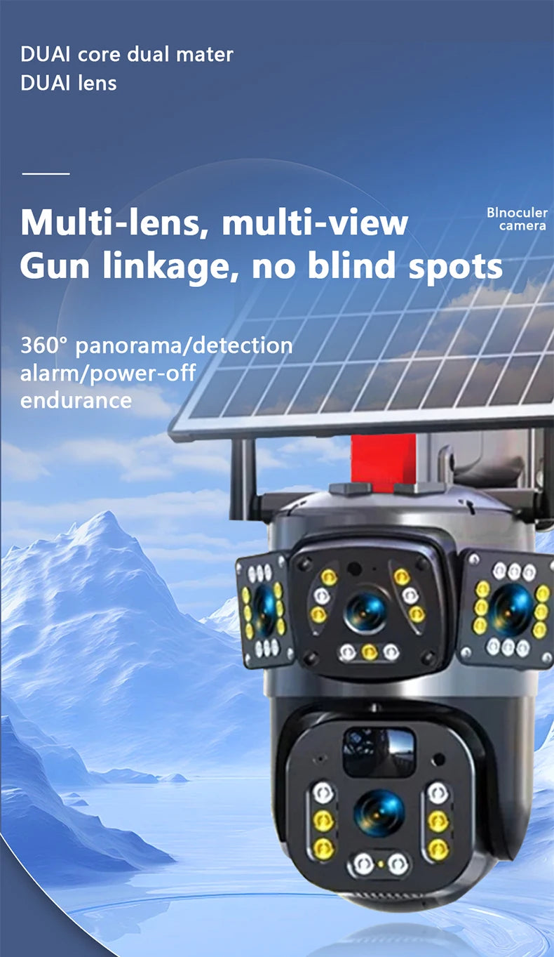 Solar Camera WiFi V360PRO Three Eyes and Two Pictures Outdoor Solar Closed Circuit PTZ Camera 1080P