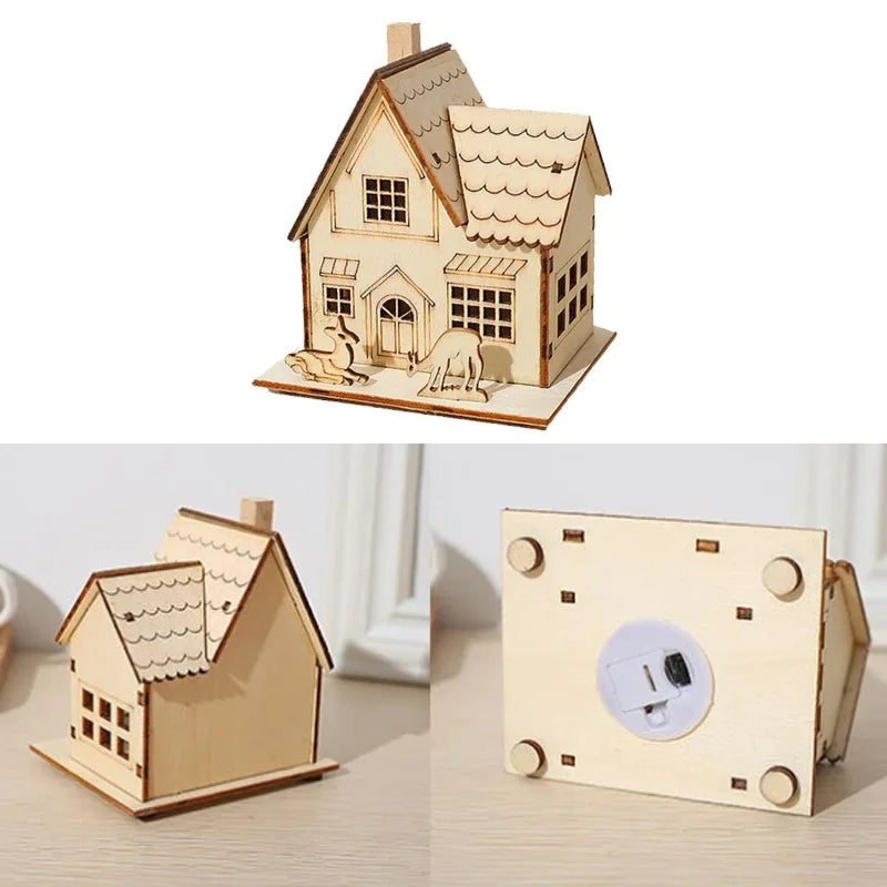 DIY Merry Christmas Decorations Mini Wooden House Luminous Cabin Christmas Tree Hanging Xmas Ornaments New Year Kids Gift