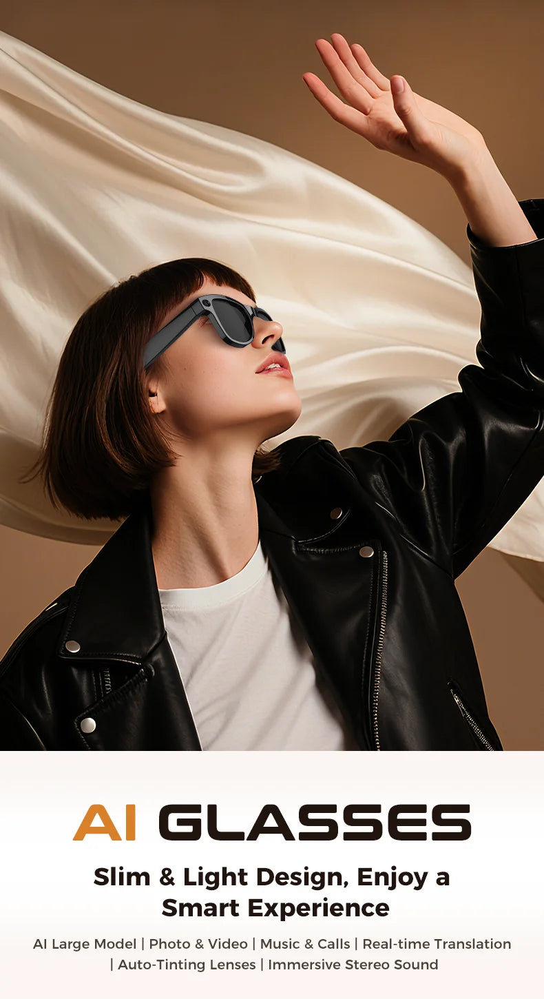 AI Smart Glasses 4KHD Camera 3600mAh Charging Case 120+Language Translation Bluetooth Call Music Sunglasses Outdoor Color Change
