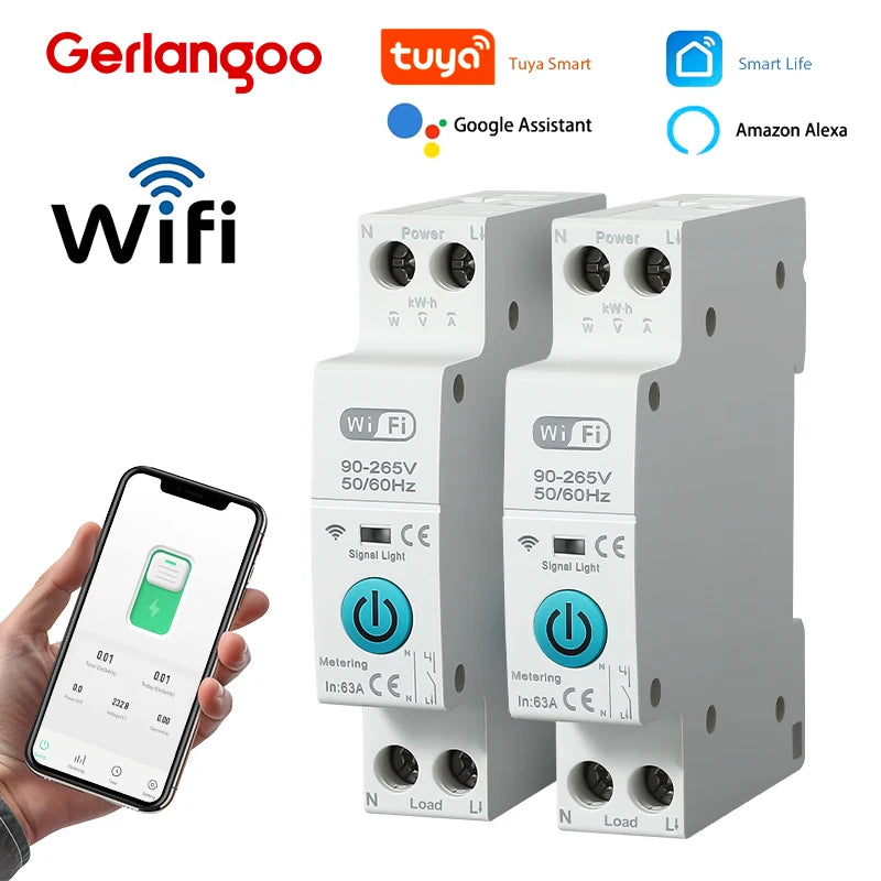 Tuya WiFi Smart Circuit Breaker MCB 1P+N 63A Timer Power Energy kWh Voltage Current Meter Protector Voice Remote Control Switch