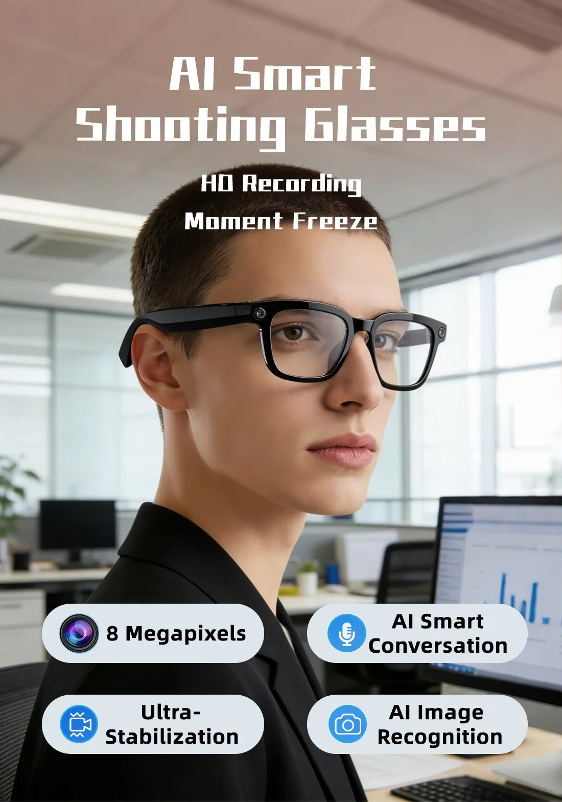 2026 AI Smart Camera Glasses 8MP 1200P Video Record Real-Time Translation Object Recognition AI Q&A Color Changing Smart Glasses